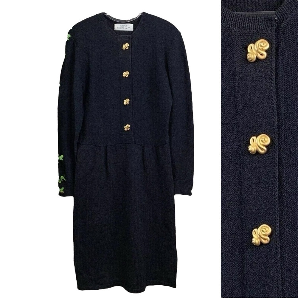 Steve Fabrikant Wool Santana Knit Buttoned Cardigan Sweater Dress Black Size M
